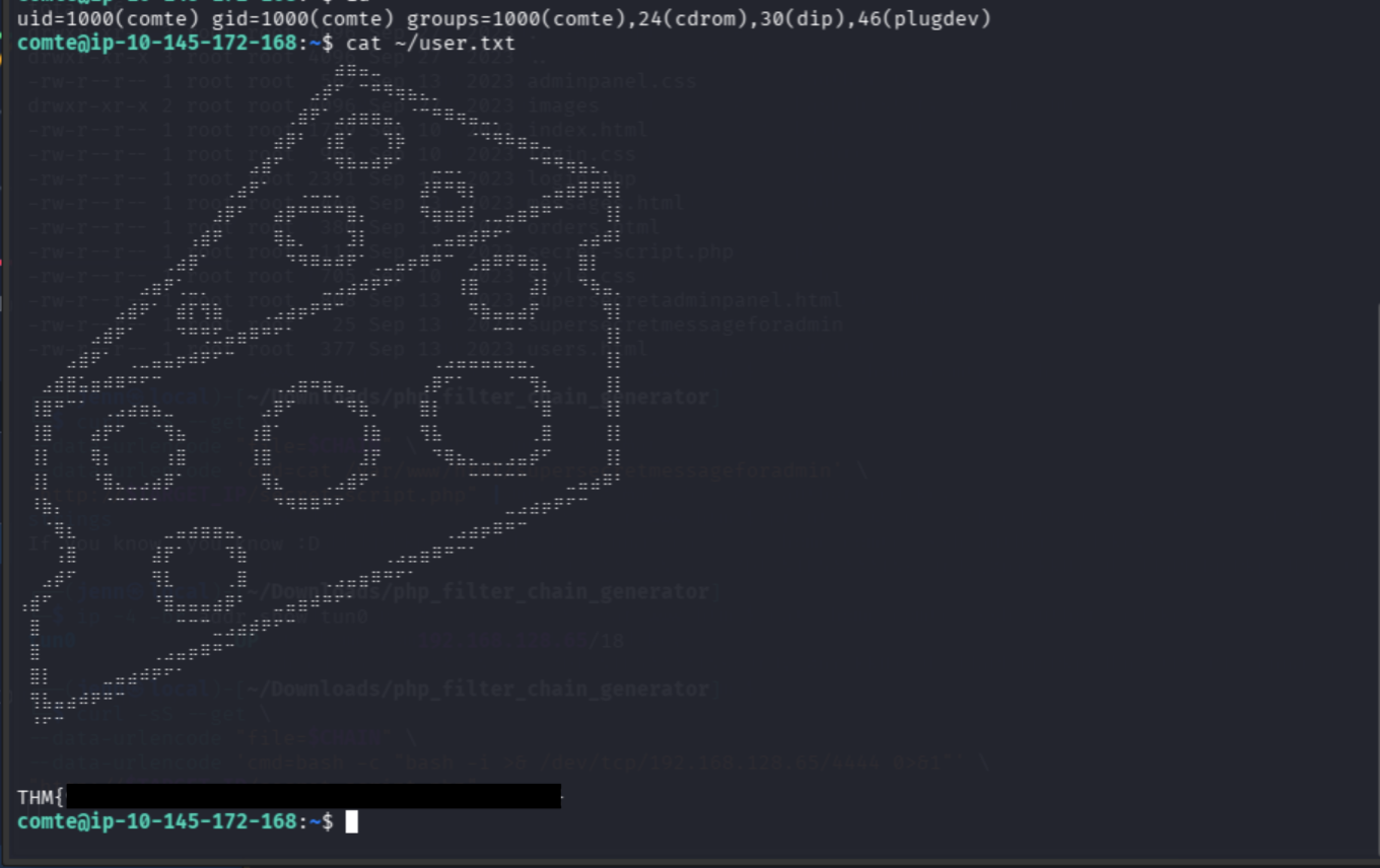 User flag retrieved as comte with the flag redacted